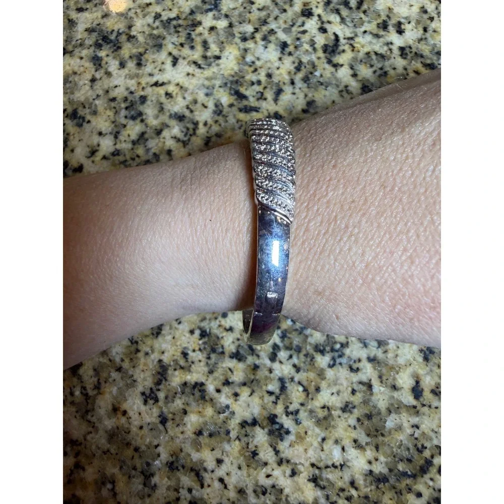 Silver Tone Pavé Ribbed Hinged Bangle Bracelet with‎ Safety Clasp